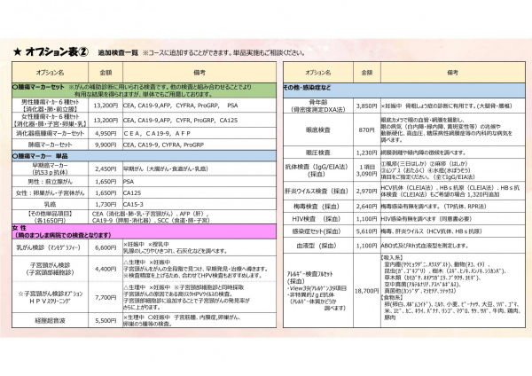 人間ドック・健康診断コース料金表 オプション表②