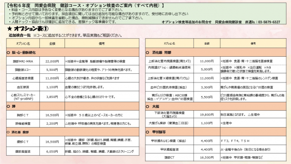 人間ドック・健康診断コース料金表 オプション表①